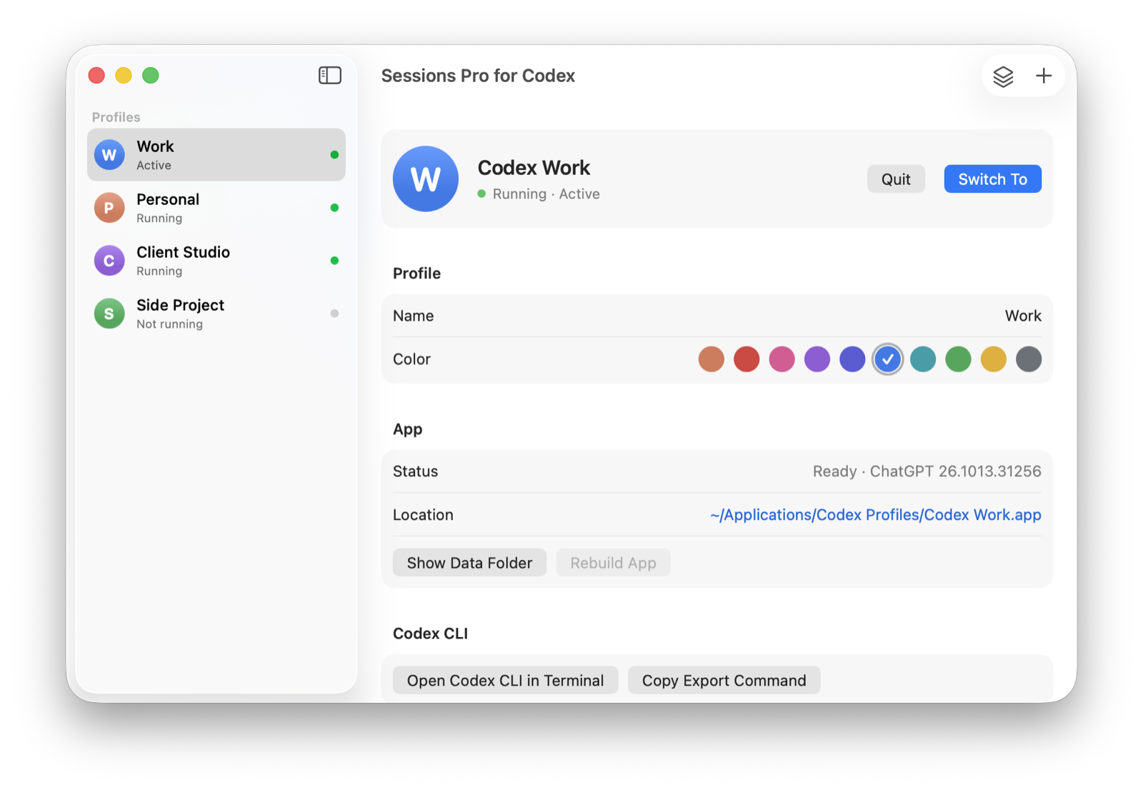 Sessions Pro for Codex with Work, Personal, Client Studio and Side Project profiles