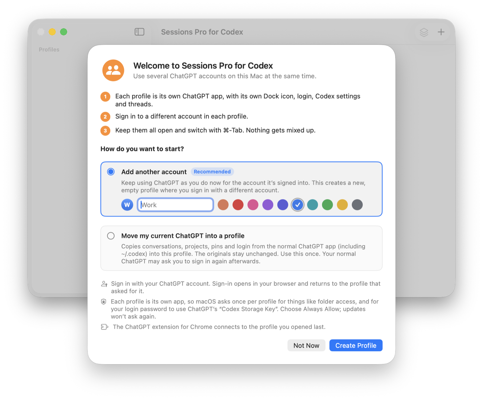The welcome screen: add another account, or start from your current ChatGPT
