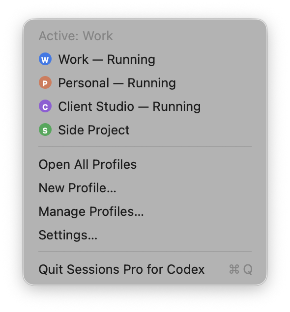 The menu bar menu listing the Work, Personal, Client Studio and Side Project profiles